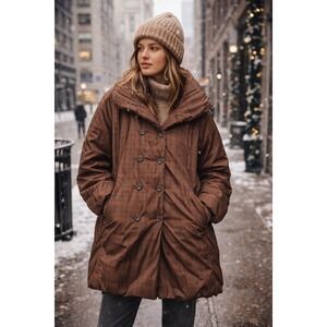 Aventura Double Breasted Plaid Puffer Coat Sz Large Brown Orange Boho Chic Rare